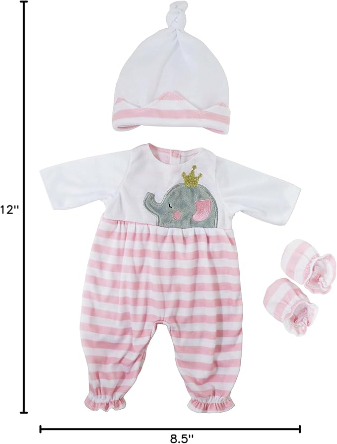 JC Toys | Berenguer Boutique | Baby Doll Outfit | Pink Striped Long Onesie with Headband, and Booties | Ages 2+ | Fits Dolls 14"- 16"