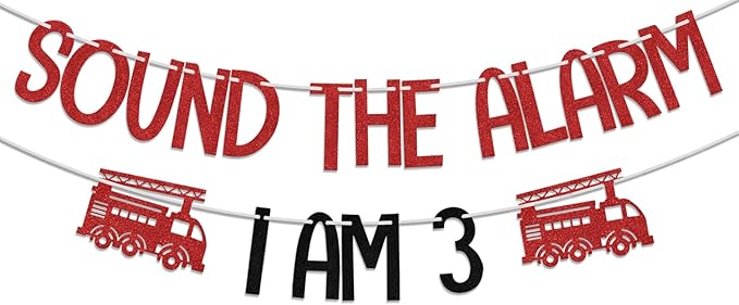 Fire Truck I am 3 Sound The Alarm Banner, Fire Truck 3rd Birthday Decorations, Firefighter Fire Engine Theme 3 Year Old Birthday Party Supplies Red Black