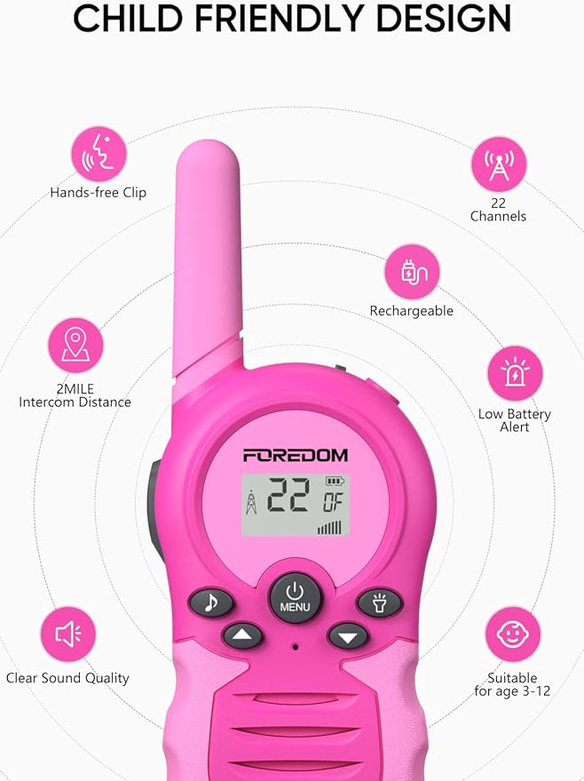 FOREDOM Rechargeable Walkie Talkies for Kids Walkie Talkies Long Range for Boy & Girl Age 3 to 12 Year Old Birthday Toys - 2 Pack