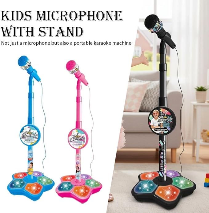 Kids Microphone with Stand,Karaoke Machine Kid,Microphone with Flashing Stage Lights Adjustable Stand Gift for Age 3+ Years Old Children,Musical Toy for Fun Sound Effects, for Children (Black)