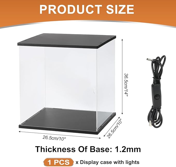 MECCANIXITY Clear Display Case, Acrylic Figure Display Case Clear Display Boxes for Collectibles, Figures Model Toys Home Storage(with Square LED Light, 10x10x15 Inch Black Base)