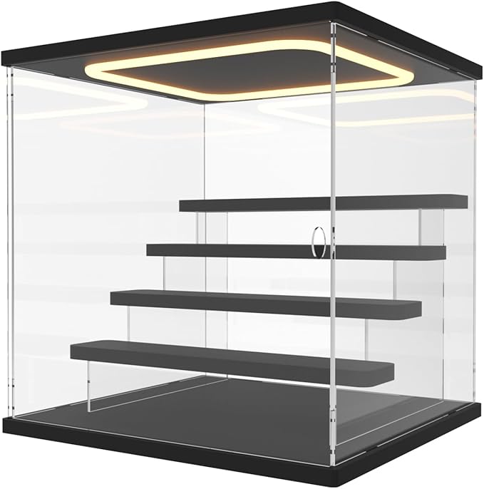 Nynelly Acrylic Lighted Display Case for Collectibles, 5 Tier Figure Display Box with Door and Steps, Assemble Dustproof LED Showcase Storage Box for Mini Figures, Funko Pop, Toys, Black