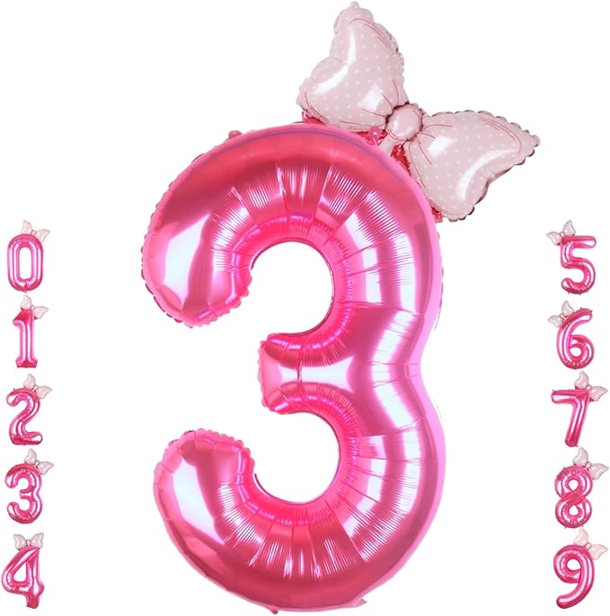 40 Inch Pink Number 3 Balloon with Mini Bow Balloon for Girls 3rd Birthday Decorations, Pink Girl Mouse Princess Western Cowgirl Theme Birthday Party Balloons Decorations Supplies