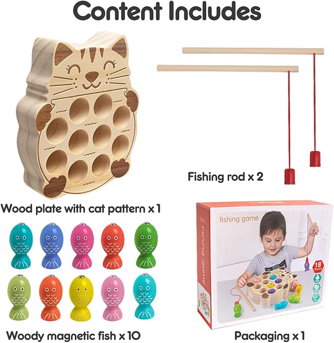 Fishing Game for Kids 3-5,Wooden Montessori Preschool Education Learning Hand-Eye Cognition & Fine Motor Skill Color Sorting Magnetic Fishing Toys Easter Basket Stuffers Gifts for Boys Girls