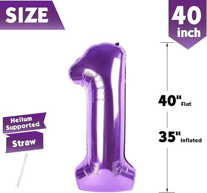 40 Inch Purple Number 1 Balloon, Giant Number 1 Balloons for 11th 12th 21st Birthday Decorations, Party Supplies for Baby Boy Girl, Purple Party Decor