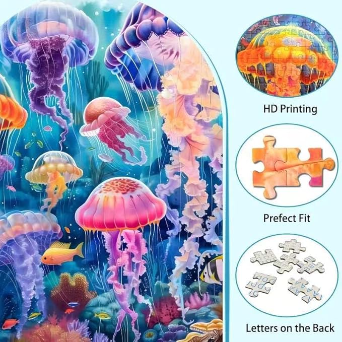 Colorful Jellyfish 500 Piece Puzzle for Adults Beautiful Underwater Vibrant Ocean Coral Fish Landscape Jigsaw Puzzle with Letters on Back Nature Fun Family Seniors Puzzle