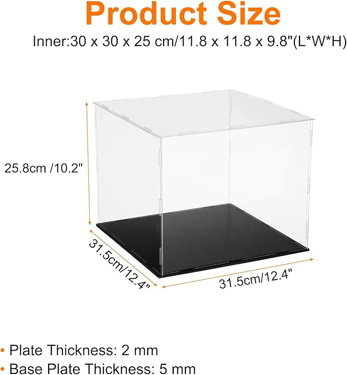 uxcell Acrylic Clear Display Case for Collectibles Self-Assemble Display Clear Boxes with Black Base Dustproof Countertop Storage Box for Collectible Figures, 11.8 x 11.8 x 9.8 Inch