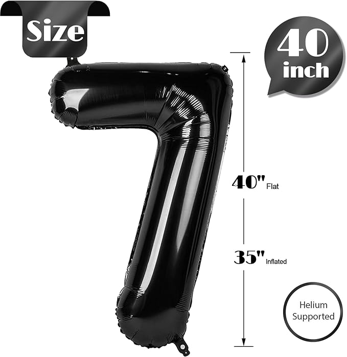 7 Number Balloon 40 Inch, Black Party Supplies, 7th Birthday Balloons Decorations