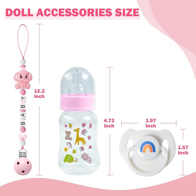 SCOM Reborn Baby Doll Accessories Set - Rainbow Magnetic Pacifiers & Removable Reusable Baby Doll Bottles with Silicone Pacifier Clips for Reallife Realistic Reborn Dolls Girls Boys, Pink Style, 3 Pcs