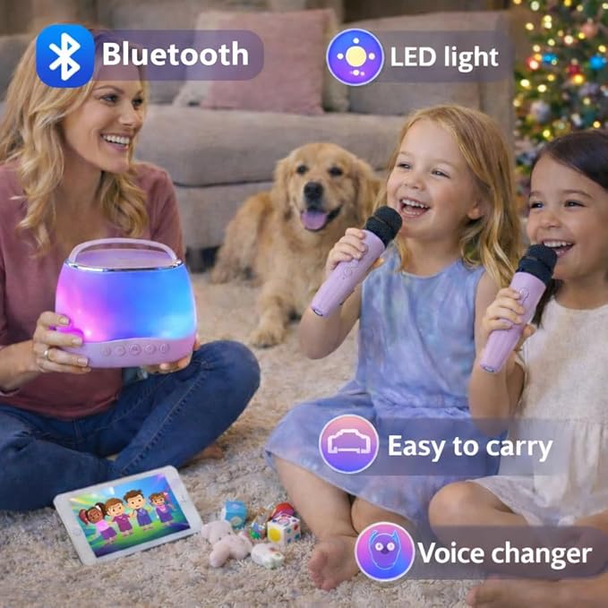 Kids Karaoke Machine with 2 Wireless Microphones, Bluetooth Speaker with Voice Changer & LED Lights, Portable Singing Toy Gift for Boys & Girls Ages 3–12