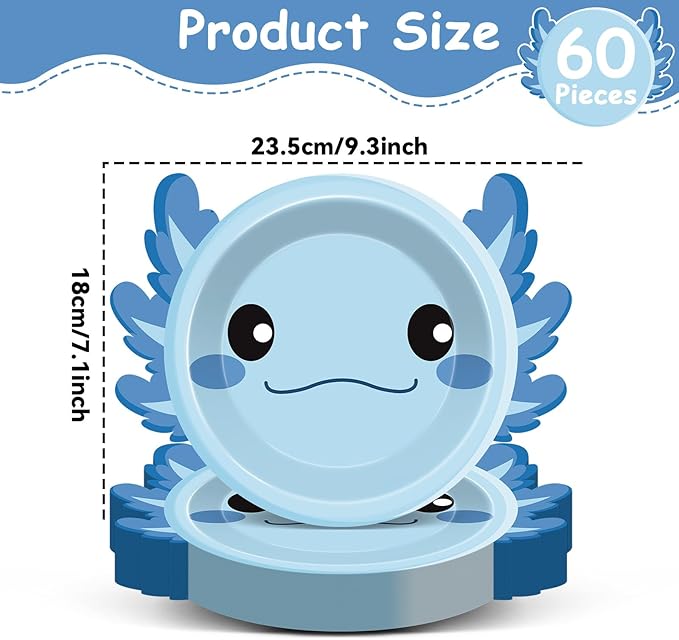 60Pcs Blue Axolotl Shaped Birthday Party Decorations Reptile Animals 7 Inch Dessert Paper Plates Cartoon Axolotl Disposable Tableware Set for Kids Boys Girls Party Baby Shower Supplies Favors