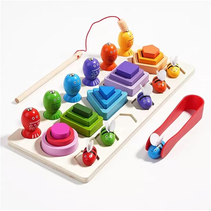 Wooden Montessori Toys for 3 Year Old，Shape Sorter Stacking Games, Fishing Games Preschool Learning Educational Toys for Boys Girls Toddlers (Little Bee)