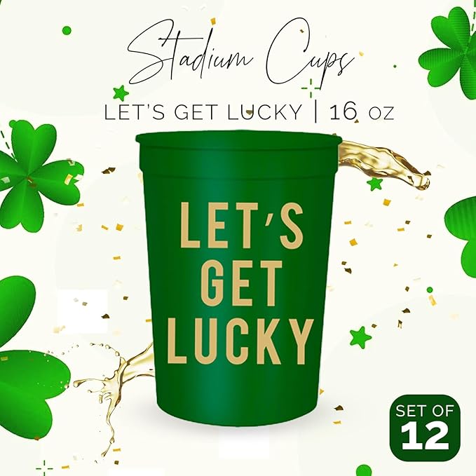 Let's Get Lucky St. Patrick's Day Cups, Set of 12-16oz Plastic Saint Cups for Party Favors and Shamrock-Themed Decorations - St Patricks Day Party Supplies and Drinking Accessories