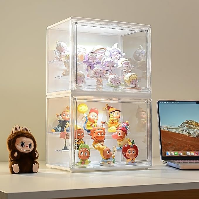 3 Tiers Clear Display Case with Lights, Acrylic Storage Organizers Box with Magnetic Door, Acrylic Dustproof Showcase for Collectibles Action Figure((1, White Medium)
