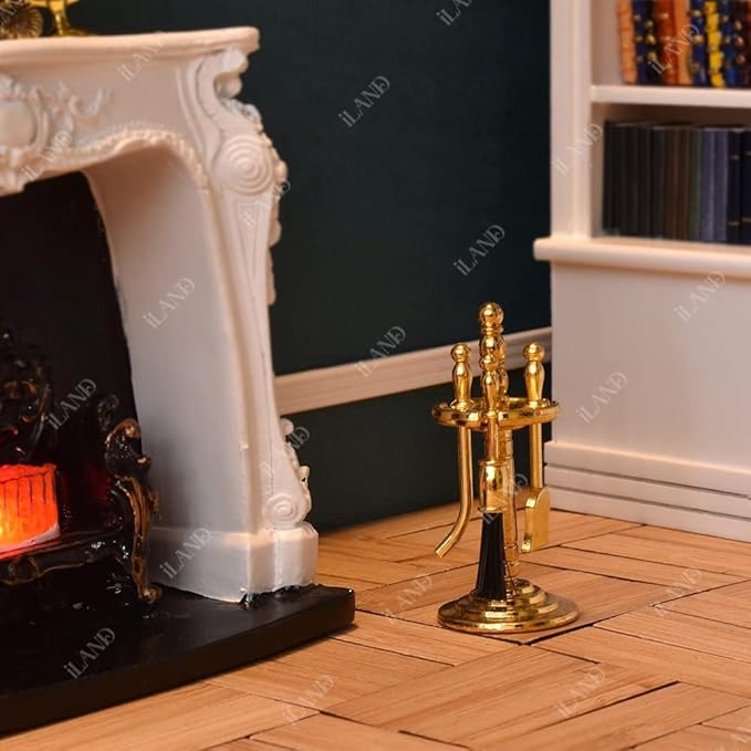 iLAND Dollhouse Furniture and Accessories of Dollhouse Fireplace on 1/12 Scale w/Fire Light & Fireplace Tools & Tong & Firewood Rack (Rococo 4pcs)