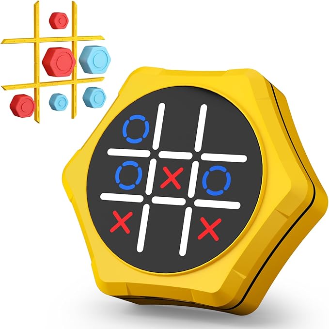 Tic Tac Toe Bolt Game,5 in 1 Handheld Puzzle Games Console,Electronic Tic Tac Toe Game for Educational&Memory,Portable Travel Games for Car Ride with Silent Mode,Toys Gift Idea for Kids&Family-Yellow