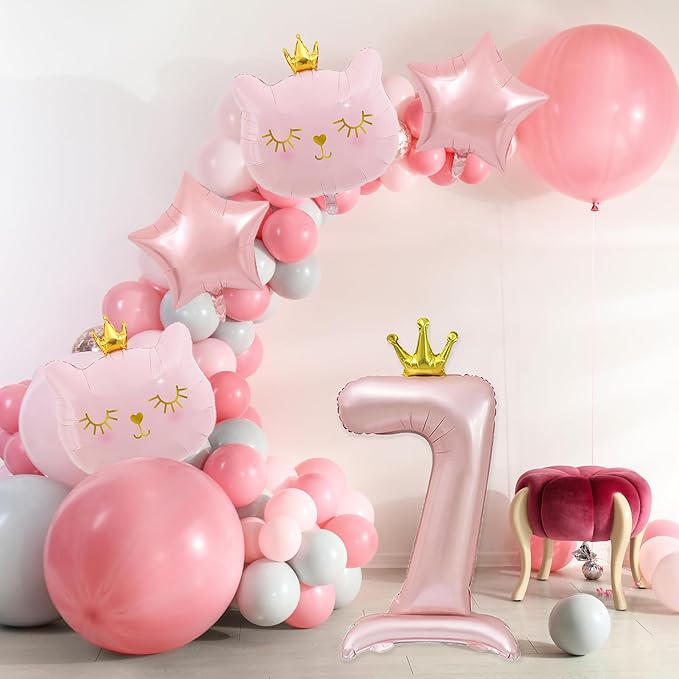 Pink Cat Balloon Set, Crown Cat Foil Balloon, 7 Year Old Girl Birthday Party Decoration,Theme Party Supplies for Girls Kitten Pet Cat (7)