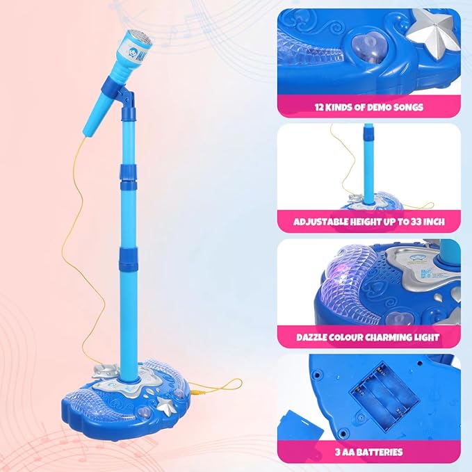 Musical Toys Karaoke Machine for Kids with Adjustable Stand and Microphones,Music Sing Microphone Toy with Flashing Stage Lights(Blue,Without Battery)