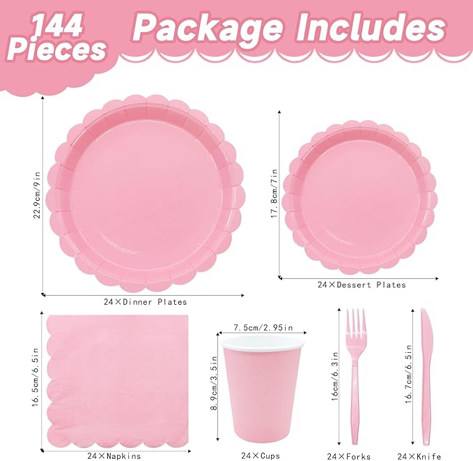 144Pcs Pink Birthday Party Supplies Pink Tableware Set Serve 24 Guests Includes Dinner Plates Cups Napkins For Wedding Baby Shower Birthday Party Decorations