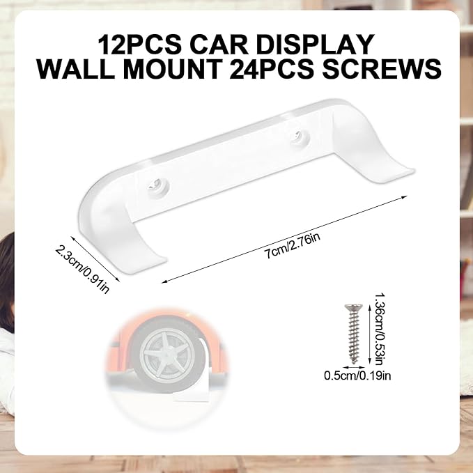 12pcs Collectible Car Display Wall Mount, Vertical Toy Car Wall Mount for Speed Champion Series Low-Profile Wheel-Mounted Rack to Showcase Model Vehicle (Transparent)