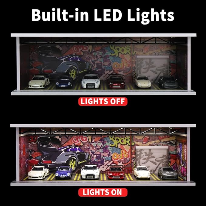 1/64 Scale Hot die-cast Wheels Model car scenarios Display case with LED Light and Acrylic Cover, Scenes Parking lot Diorama Storage Garage Box with 6 Parking Spaces (Graffiti)
