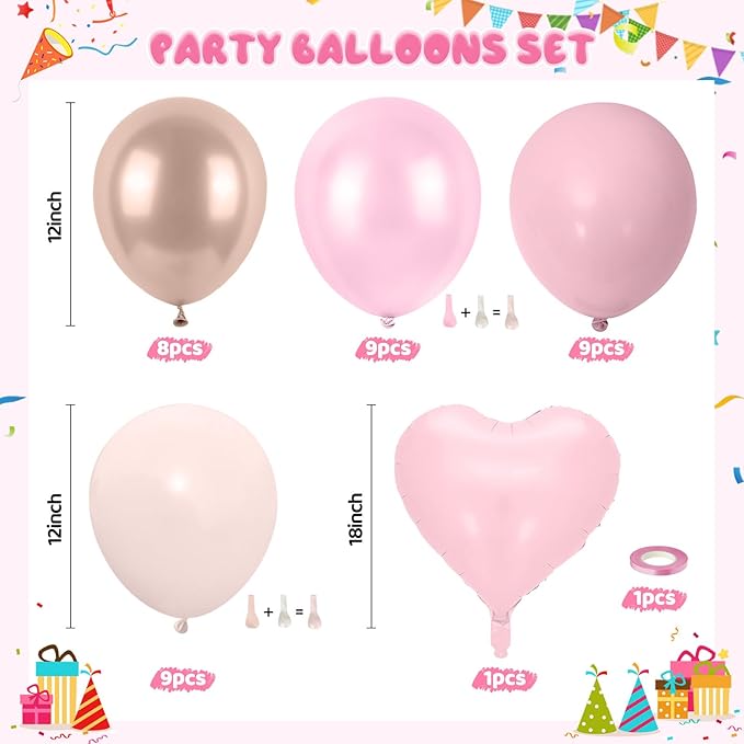 Dusty Pink Balloons, 12 Inch Double Stuffed Dusty Blush Pearl Baby Pink Cream Beige Latex Balloons with Heart Foil Balloon for Girls Women Boho Birthday Bachelorette Wedding Party Decoration