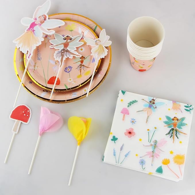57Pcs Fairy Disposable Tableware Set Flower Fairies Mushroom Party Plates Cups Napkins Sets Fairy Cake Topper Banner Fairy Party Decorations Supplies Girls Birthday Party Decor(10 Guests)