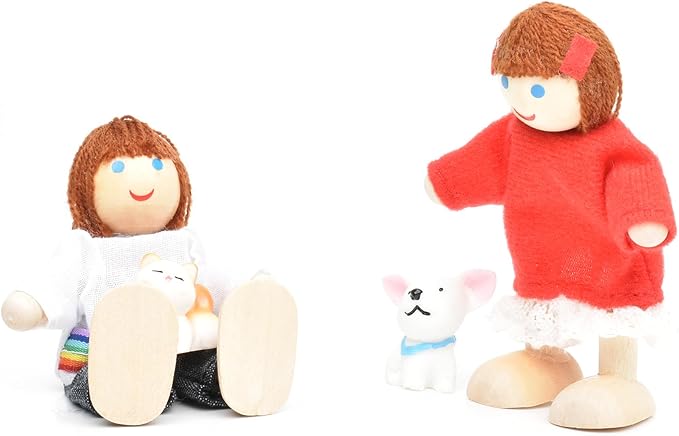 Wooden Doll House People of 7 Miniature Figures and 2 Pets, Dollhouse Dolls Family Set Accessories for Girls Toddler Kids Pretend Play and Imaginative Fun