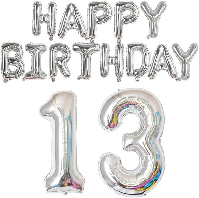 Happy Birthday Balloon Banner 40 inch 13 Balloon Number 16 Inch Happy Birthday Letters Balloons Silver Foil Mylar Balloons for Girl and Boy 13th Birthday Decorations Party Supplies