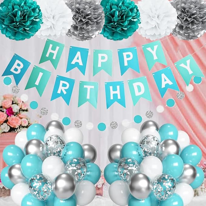 Teal Blue and Silver Birthday Party Decorations, Happy Birthday Banner Turquoise Aqua Teal Foil Fringe Curtain Tissue Pom Poms Balloons Décor Supplies for Men Women Boys Girls Birthday Party