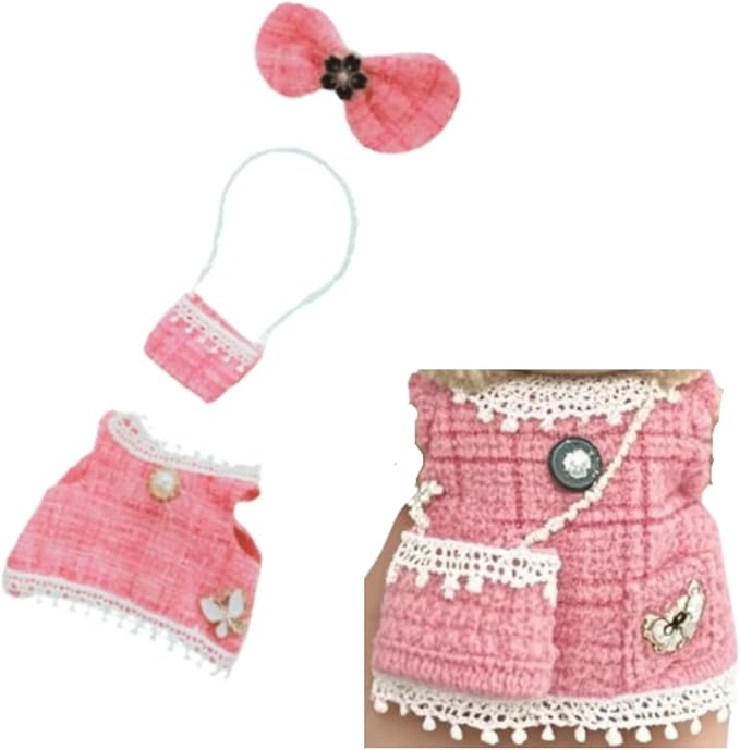 Luxury Fashion Set for 17cm Doll - Pink Plaid Tweed Dress + Plaid Bow + Backpack