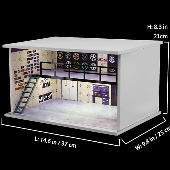 1/24 Scale die-cast Model car Display case with LED Light and Acrylic Cover, Parking lot Scene Diorama Toy Storage Garage Show case for Lego Collectors, Double Layer with 4 Parking Spaces