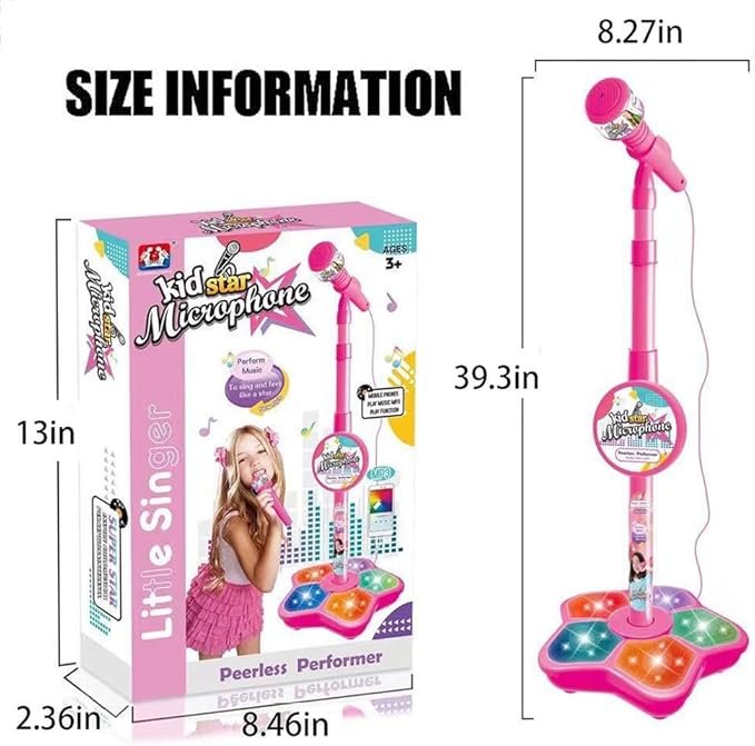 The All-in-One Microphone Toy, Kids Karaoke Microphone with Stand with Colorful Lights, Echo Effects, Adjustable Stand, Fun and Easy-to-Use, Christmas Birthday Gifts for Little Singers (Pink 1Pc)