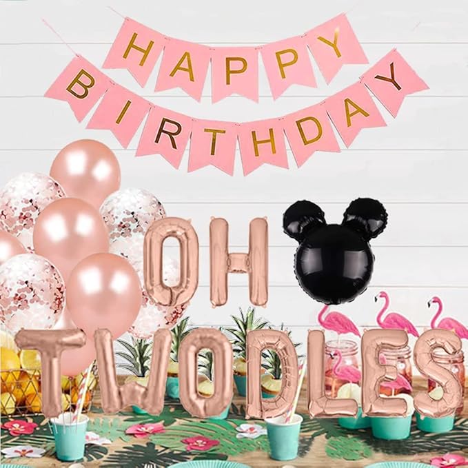 Oh Twodles Birthday Balloons, Oh Twodles Balloon Banner Party Supplies Number 2 Balloon for 2nd Second Boy Birthday Party Decoration 12PCS Kit of Geloar (Rose Gold)