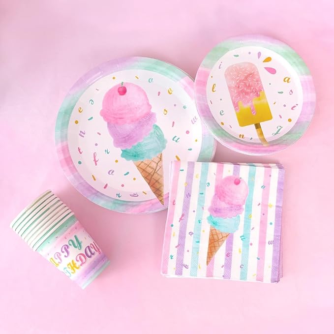 WERNNSAI Ice Cream Plates Napkins and Cups - Ice Cream and Popsicle Theme Party Supplies for Girls Birthday Disposable Tableware Dessert Plates Luncheon Napkins Serves 16 Guests 64PCS