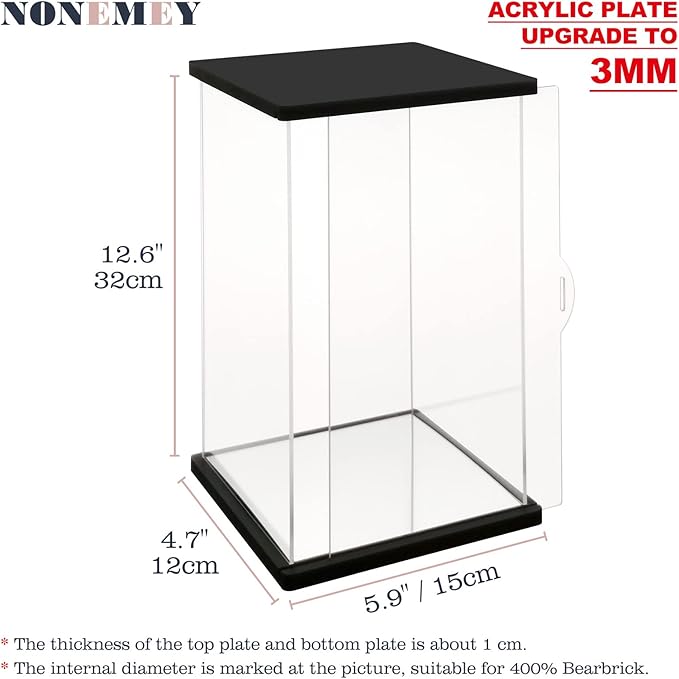 NONEMEY Clear Acrylic Display Case with Remote Control Light for 400% Bearbrick, Dustproof Model Showcase Organizer Box, Display Case for Collectibles Bearbrick (6×4.7×12.6inch,15×12×32cm)