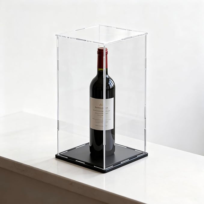 Acrylic Display Case with Matt Black Base and Lid, Dust-Proof Acrylic Box, Tall Showcase Counter-Tops Box for Red Wine Bottles, Figures, Dolls and Colletables (7x7x16 inch)
