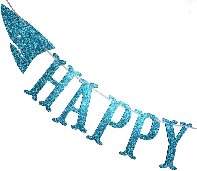 Shark Happy Birthday Banner and Shark Garlands, Ocean Beach Under The Sea Theme Party, Shark Party Supplies (Blue)