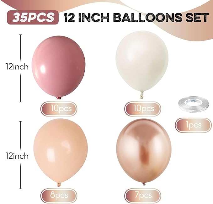 Retro Pink Beige Balloons Set, 12 Inch Dusty Pink Balloons Pink Gold Party Balloons Dark Gold Latex Balloons Boho Style Blush Pink Sand White Balloon for Baby Shower Girl Birthday Bridal Supplies