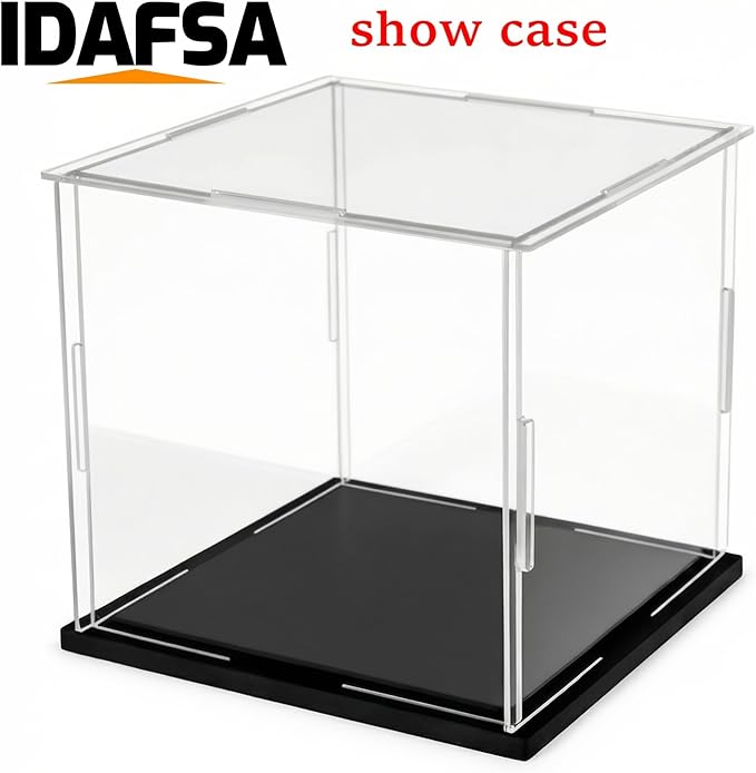Clear Acrylic Display Case, Assemble Cube Display Box Stand with Black Base, Dustproof Protection Showcase for Collectibles Memorabilia Figurines (10x10x10inch; 25x25x25cm)