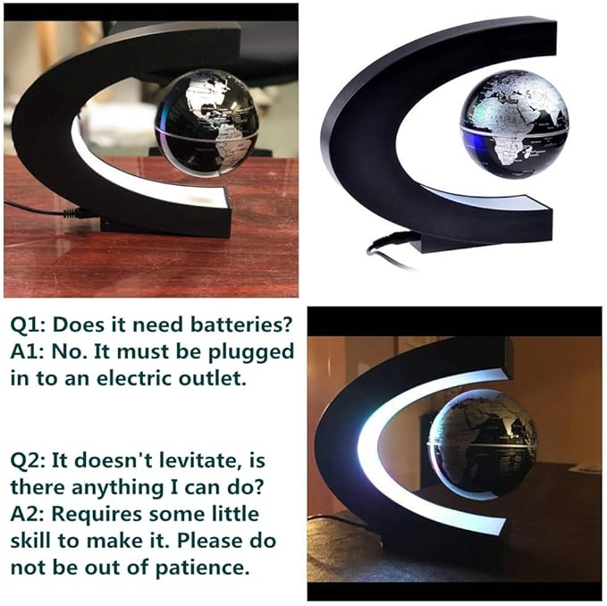 Magnetic Levitation,Petforu High Rotation C Shape Magnetic Suspension Maglev Levitation Globe with LED Lights for Learning Education Teaching Demo Home Office Desk Decoration(US Plug) - Black