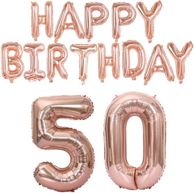Happy Birthday Balloon Banner 40 inch 50 Balloon Number 16 Inch Happy Birthday Letters Balloons Rose Gold Foil Mylar Balloons for Women and Man 50th Birthday Decorations Party Supplies