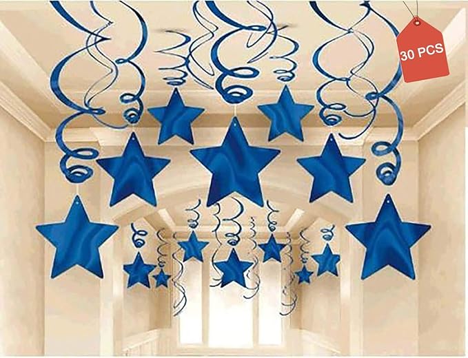 Party Swirl Decorations, Hanging Swirl for Ceiling Decorations, Blue with Star, Pack of 30