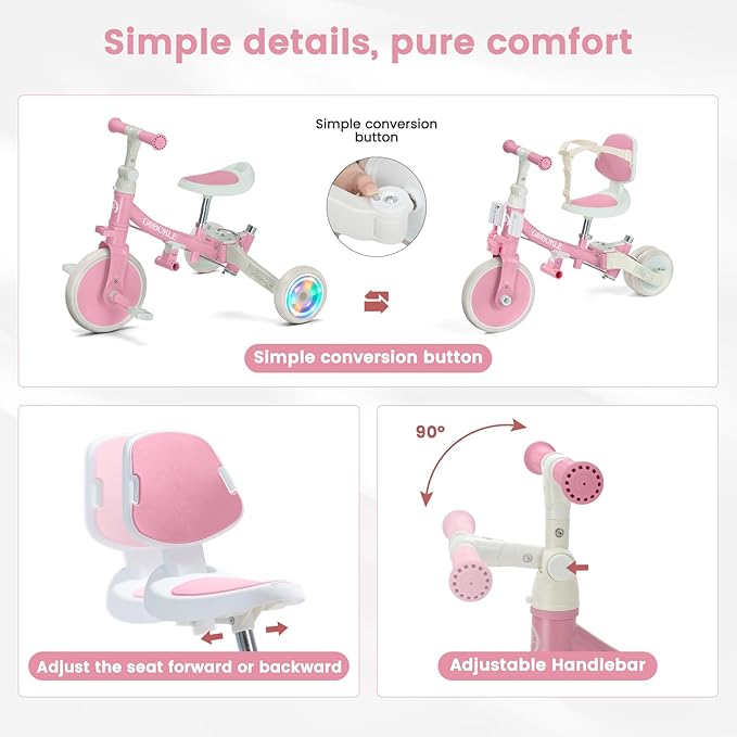 5-in-1 Tricycle for Toddlers 1-3, Convertible Toddler Bike with Push Handle & Removable Pedals, Balance Bike with Colorful Lighting Wheels, Adjustable Seat Height with Backrest(Pink)