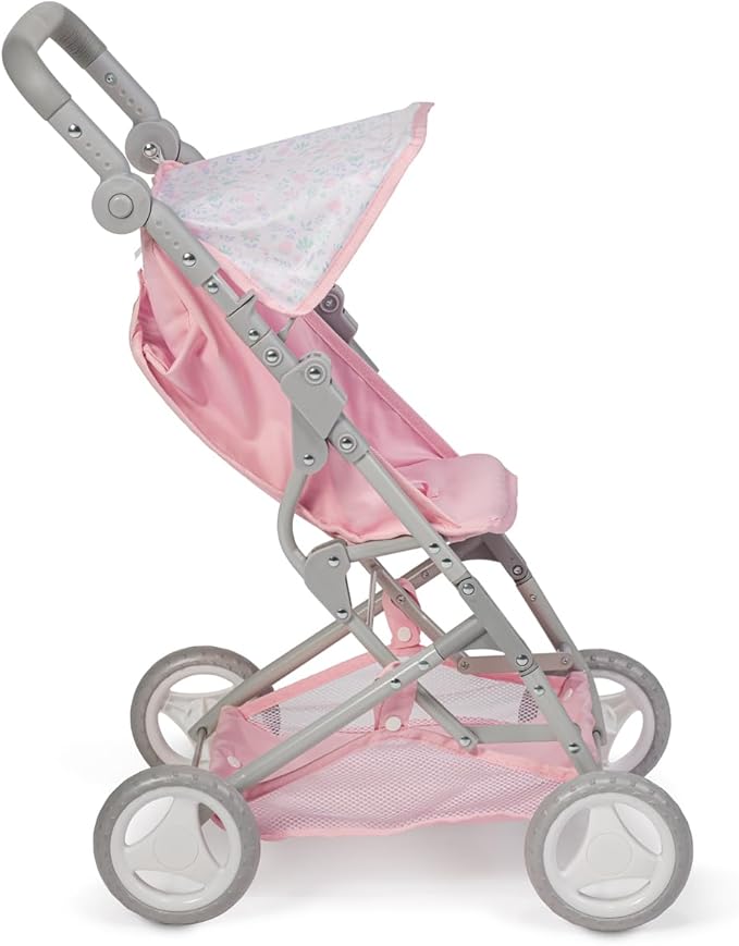 JC Toys - Berenguer Boutique | Fashionable Stroller with Canopy and Storage | Simple Folding |Pink Floral Collection | for Dolls up to 18" | Ages 3+