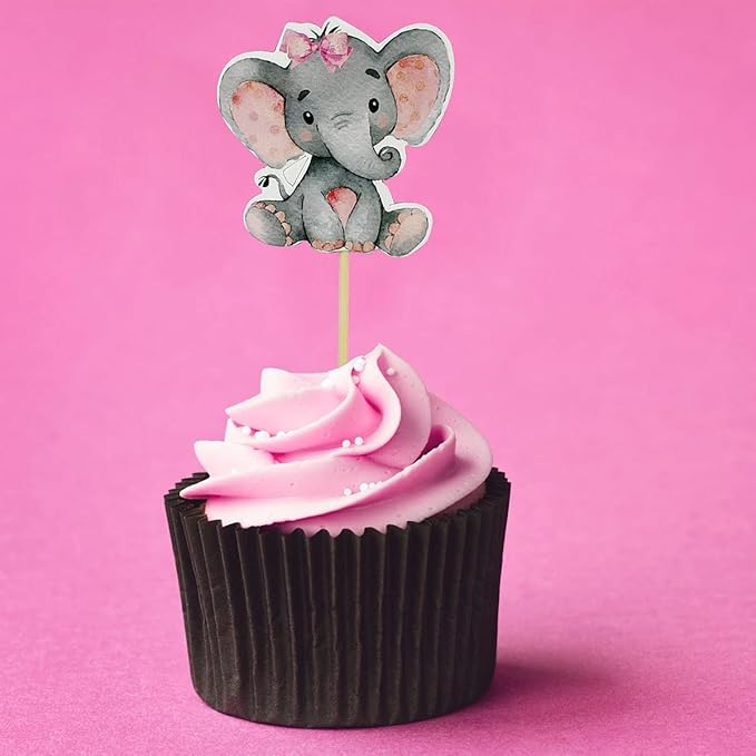 Yuntop 36 Pink Elephant Cupcake Toppers for Baby Shower, Birthday Party Supplies, Cake Decorations, Cute Baby Girl Cupcake Picks