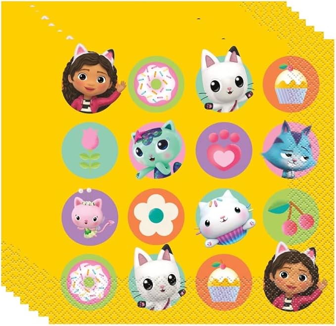 Gabbys Dollhouse Birthday Party Supplies Bundle includes 24 Lunch Paper Plates, 32 Paper Napkins, 2 Plastic Table Cover, 1 Dinosaur Sticker Sheet