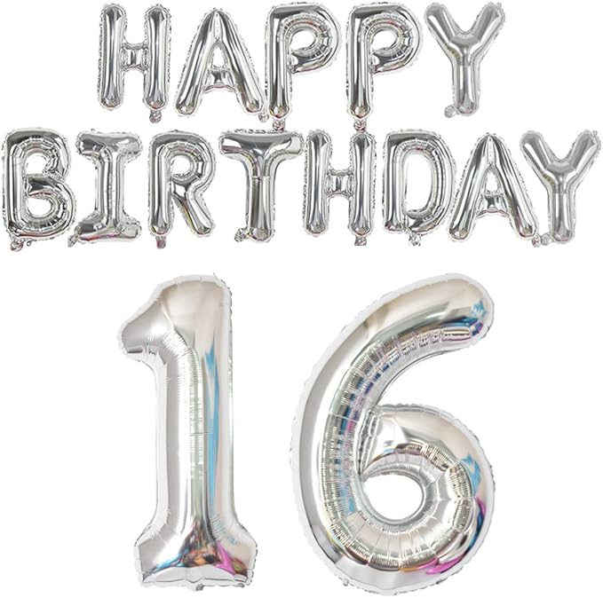 Happy Birthday Balloon Banner 40 inch 16 Balloon Number 16 Inch Happy Birthday Letters Balloons Silver Foil Mylar Balloons for 16th Birthday Decorations Party Supplies