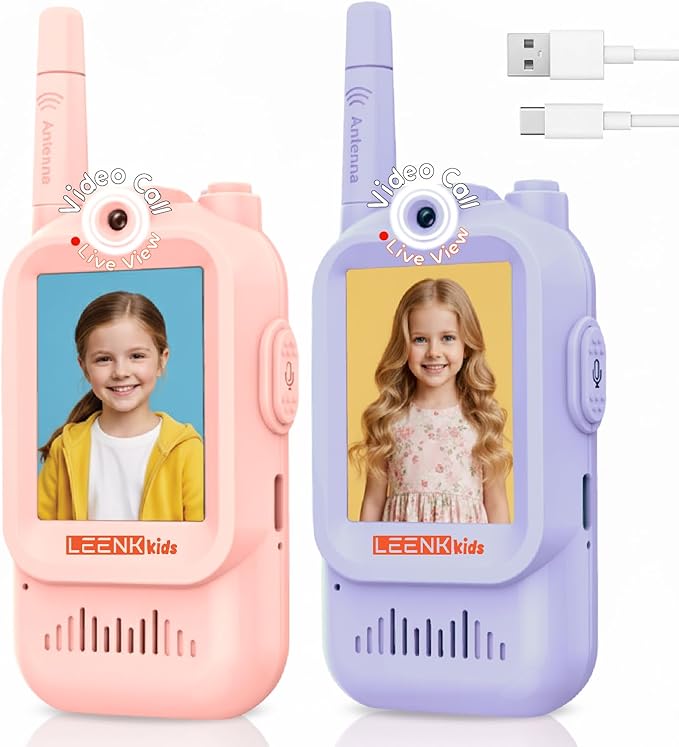 LEENK Video Walkie Talkies for Kids 2 Pack – Rechargeable Video Intercom Handheld, Indoor & Outdoor Range, Easy Use for Ages 3-12, Eco ABS, Clear Voice & Long Distance Communication (Pink & Purple)