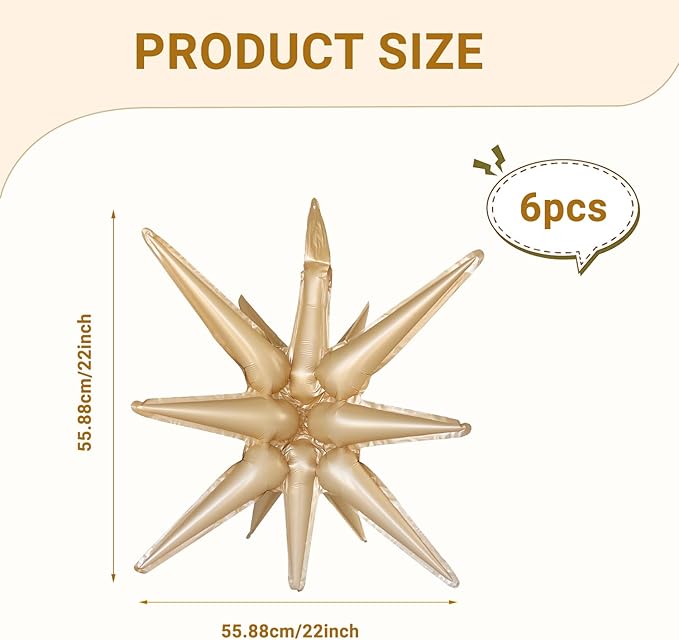 6 Pcs Caramel Colour Star Foil Balloons One-Piece 14-Pointed Star Balloon 4D Starburst Cone Mylar Balloon 22inch Christmas Birthday Wedding Wedding Anniversary Party Supplies(Caramel Colour)
